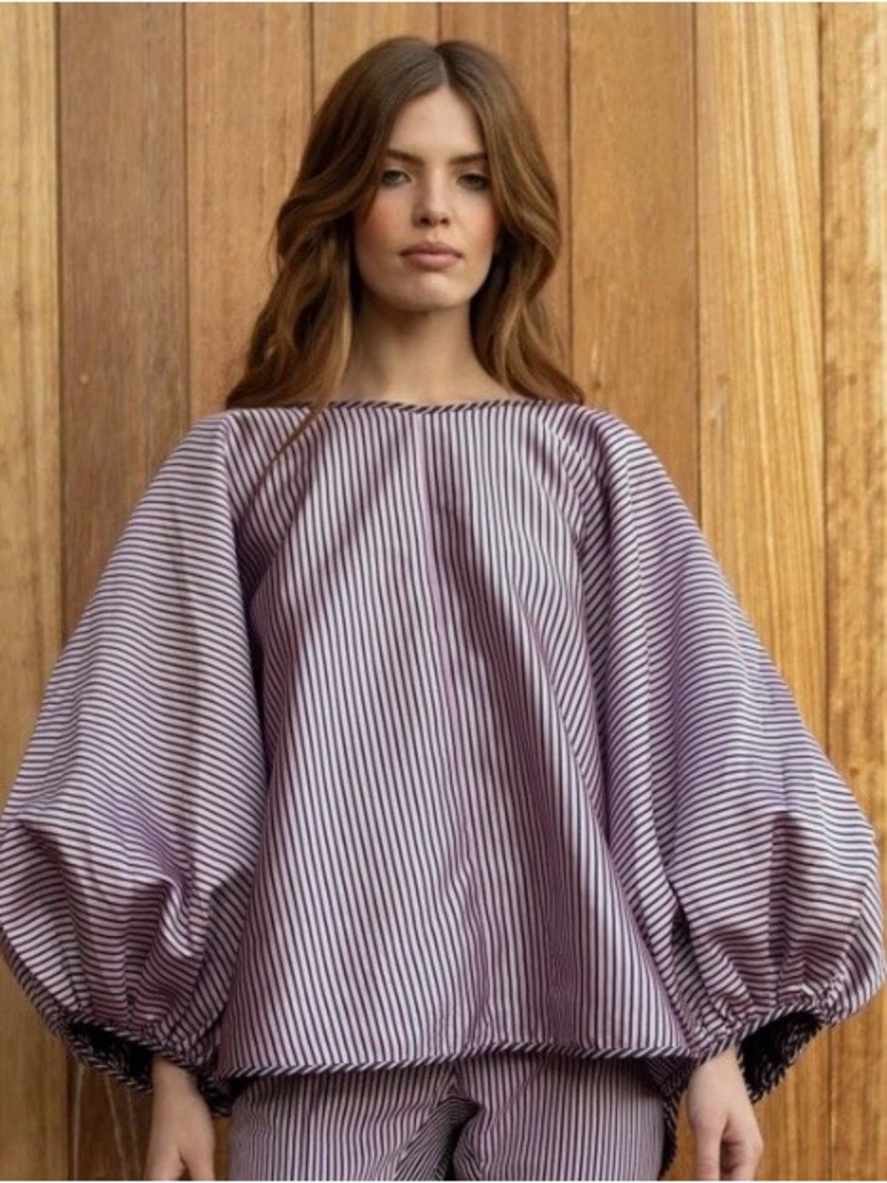 Arianne Elmy Striped Balloon Sleeve Top in Mauve